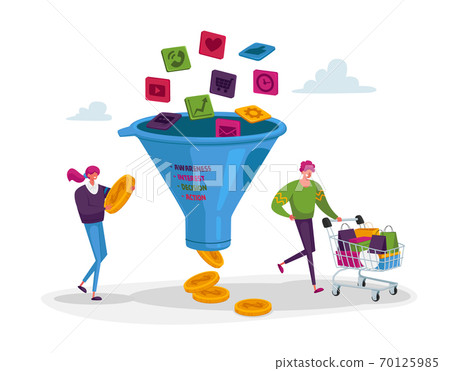 Conversion Rate Optimization. Tiny Characters with Shopping Trolley and Money at Huge Sales Funnel. Digital Marketing 70125985