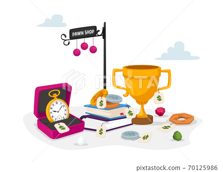 Pawn Shop with Antique Things Gold Watches, Winners Goblet and Ancient Books with Coins and Gems. Pawnshop Business 70125986