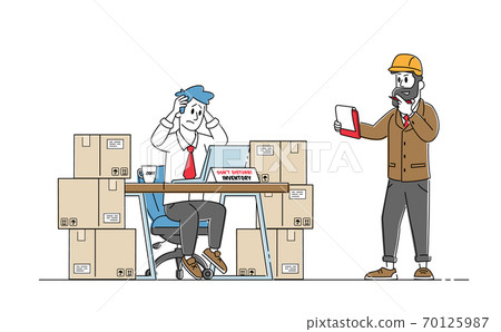 Inventory Managers Work in Warehouse with Stacks of Boxes and Pc Checking List of Goods for Distribution. Logistic 70125987