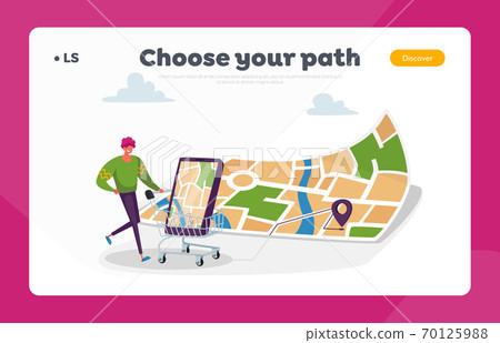 Geolocation Positioning in Retail Store Landing Page Template. Man Purchasing Goods from List at Huge Map with Gps Pin 70125988