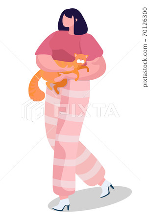 Woman Hold and Carry Her Ruddy Cat on Hands, Pet Woman Hold and Carry Her Ruddy Cat on Hands, Pet 70126300