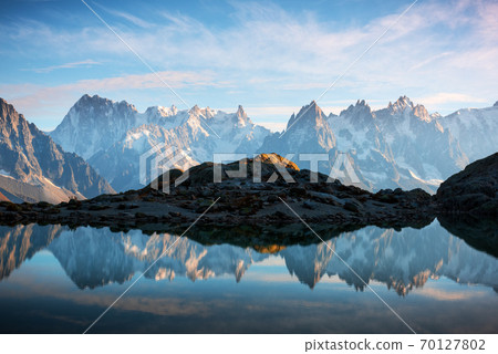 Sunny day on Lac Blanc lake in France Alps 70127802