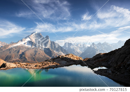 Sunny day on Lac Blanc lake in France Alps 70127815