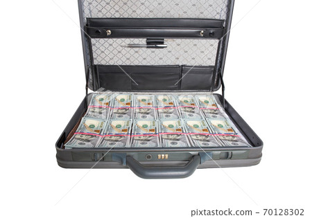 Black case with money dollars on a white background, isolate. Market competitiveness and investment concept Black case with money dollars on a white background, isolate. Market competitiveness and investment concept 70128302