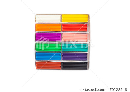set of children's multi-colored plasticine for modeling and modeling on a white background, isolate set of children's multi-colored plasticine for modeling and modeling on a white background, isolate 70128348
