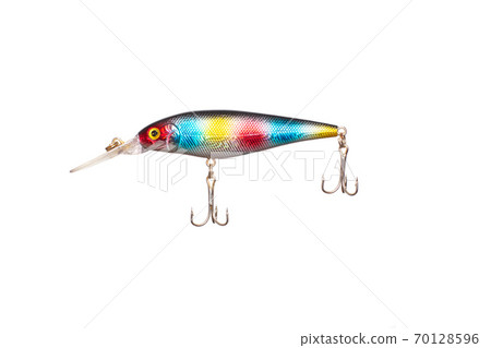Multicolored lure for fishing on fishing, white background, isolate, close-up Multicolored lure for fishing on fishing, white background, isolate, close-up 70128596
