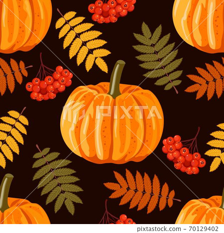 Seamless pattern with leaves, pumpkins and rowan berries. Vector autumn background. 70129402