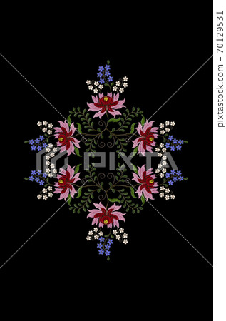 Embroidery pattern of a bouquet of blue and white flowers on twisted branches with leaves and large flowers and red and pink petals on a black background Embroidery pattern of a bouquet of blue and white flowers on twisted branches with leaves and large flowers and red and pink petals on a black background 70129531