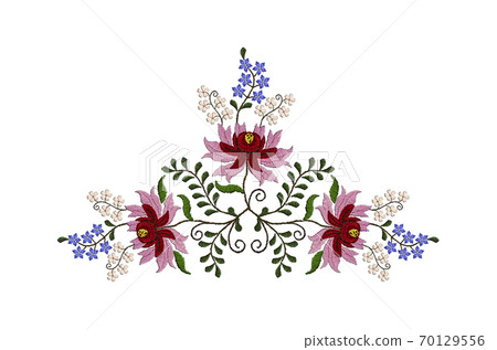 Pattern with an embroidered bouquet of red and pink petals and small blue and white flowers with branches and leaves on a white background 70129556