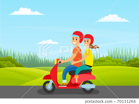 Couple rides motorcycle on road, nature, green lawn, spruces and pine trees on horizon. Clear sky Couple rides motorcycle on road, nature, green lawn, spruces and pine trees on horizon. Clear sky 70131268