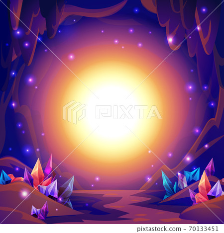 Magic cave. Fairy landscape of a cave with crystals and mystery lights. Fantasy background. 70133451