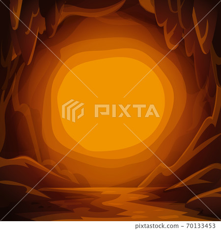 Fantastic cavern background. Cartoon cave with stalactites and spotlight copy space for text. 70133453