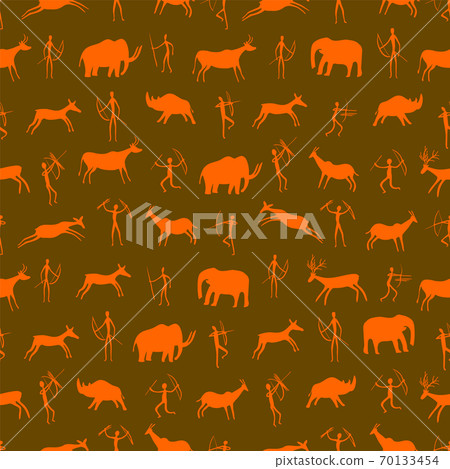 Seamless pattern. Ancient rock drawing with primitive people and prehistoric animals. The Paleolithic era. 70133454
