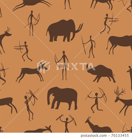 Seamless pattern. Ancient rock paintings show primitive people hunting on animals. The Paleolithic era. 70133455