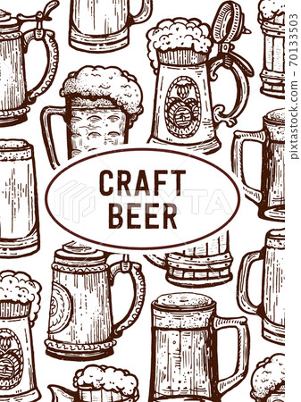 Vintage engraving style craft beer menu template. Retro brewery engraving. Craft beer Local brewery. Beer pint hand drawn ink sketch. Vintage engraving style craft beer menu template. Retro brewery engraving. Craft beer Local brewery. Beer pint hand drawn ink sketch. 70133503
