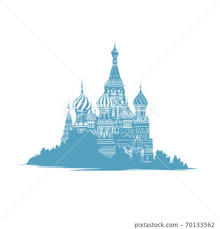 Hand drawn sketch style illustration of Saint Basils Cathedral in Moscow, Russia. Russian landmarks. Orthodox curch. Mono color silhouette in blue on white background. Hand drawn sketch style illustration of Saint Basils Cathedral in Moscow, Russia. Russian landmarks. Orthodox curch. Mono color silhouette in blue on white background. 70133562