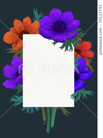 Magic flowers template. Beautiful wild bouquet design. Color pencil digital illustration. Vertical Design with beautiful anemones and copy space on dark background. invitation, wedding greeting cards 70133741