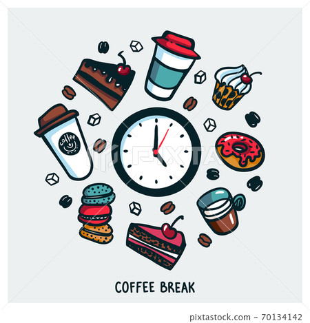 Coffee break concept. Time for a coffee break. Colorful doodle style cartoon set of objects and symbols on coffee time theme. Coffee cups and sweets on light background. Vecror illustration Coffee break concept. Time for a coffee break. Colorful doodle style cartoon set of objects and symbols on coffee time theme. Coffee cups and sweets on light background. Vecror illustration 70134142