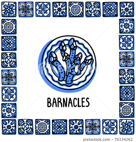 Portugal landmarks set. Goose Barnacles, Percebes traditional delicacy seafood. Plate with barnacles in frame of Portuguese tiles. Sketch style vector illustration, for souvenirs, magnets, post cards 70134262