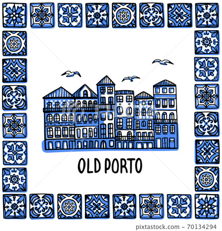 Portugal landmarks set. Old Porto. Landscape of the old town in a frame of Portuguese tiles, azulejo. Handdrawn sketch style vector illustration. Exellent for souvenir products, magnets, banner, post Portugal landmarks set. Old Porto. Landscape of the old town in a frame of Portuguese tiles, azulejo. Handdrawn sketch style vector illustration. Exellent for souvenir products, magnets, banner, post 70134294