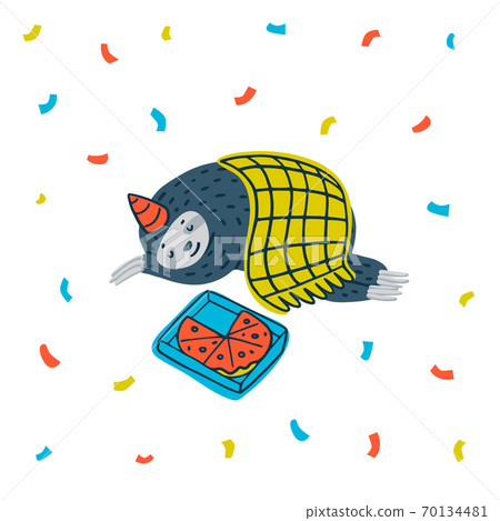 Animal party. Lazy sloth party. Cute sloth sleeping with pizza. Vector illustration. Animal party. Lazy sloth party. Cute sloth sleeping with pizza. Vector illustration. 70134481