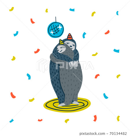 Animal party. Lazy sloth party. Couple of sloths dancing on a dance floor. Vector illustration. Animal party. Lazy sloth party. Couple of sloths dancing on a dance floor. Vector illustration. 70134482