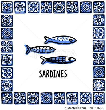 Portugal landmarks set. Fresh shellfish, traditional delicacy seafood. Shellfish in frame of Portuguese tiles. Sketch style vector illustration, for souvenirs, magnets, post cards Portugal landmarks set. Fresh shellfish, traditional delicacy seafood. Shellfish in frame of Portuguese tiles. Sketch style vector illustration, for souvenirs, magnets, post cards 70134646