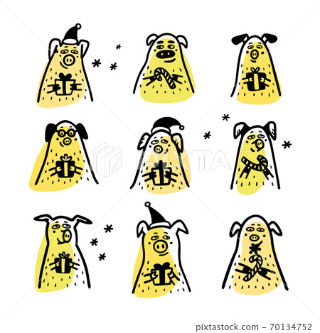 Pig set. Funny pigs with candy canes, gifts and santa hats. 2019 Chinese New Year symbols. Doodle style characters for greeting cards, print, icon, sticker. Vector illustration Pig set. Funny pigs with candy canes, gifts and santa hats. 2019 Chinese New Year symbols. Doodle style characters for greeting cards, print, icon, sticker. Vector illustration 70134752