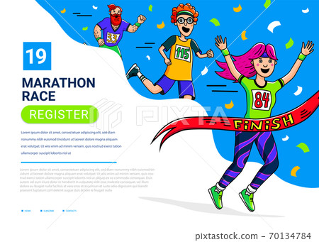 Man, teenager and woman runner cross the finish line. Cartoon style. Marathon 2017. 70134784
