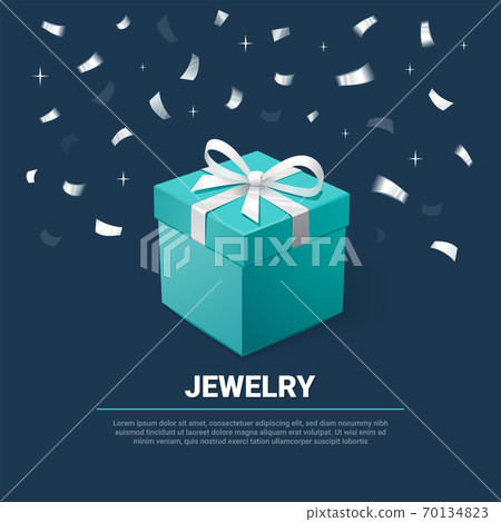 Gift Box and silver Confetti. Turquoise jewelry box on dark background. Template for cosmetics and jewelry shops. Christmas Background. Vector Illustration 70134823