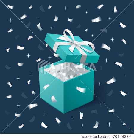 Gift Box and silver Confetti. Teal jewelry box on dark background. Template for cosmetics and jewelry shops. Christmas Background. Vector Illustration 70134824