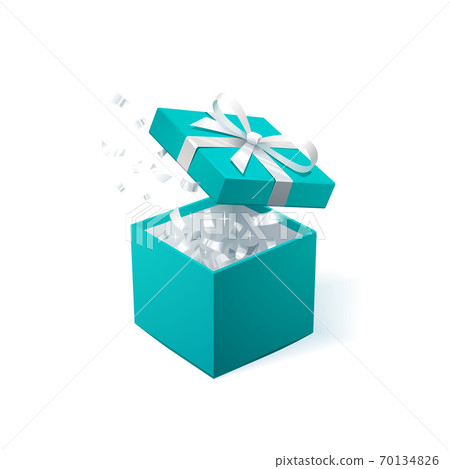 Promo banner with Open Gift Box and silver Confetti. Turquoise jewelry box. Template for cosmetics jewelry shops. Christmas Background. Vector Illustration. 70134826