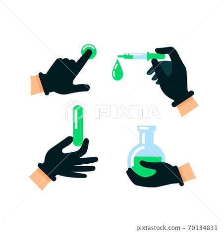 Doctor or scientist hands in latex gloves. Nuclear energy. Hands in protective gloves holding hazardous substances. Medicine, science and biology concept. Flat style vector illustration. 70134831