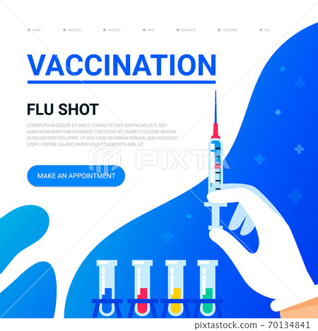Vaccination concept. Doctors hand with a syringe and place for text. Usable for web banner, articles, infographics. Flat vector illustration 70134841