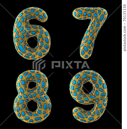 Number set 6, 7, 8, 9 made of realistic 3d render golden shining metallic. 70135156