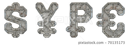 Mechanical alphabet made from rivet metal with gears on white background. Set of symbols dollar, yen, rouble and euro. 3D 70135173