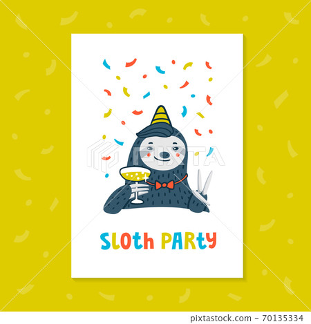 Animal party. Lazy sloth party. Cute sloth with champagne 70135334