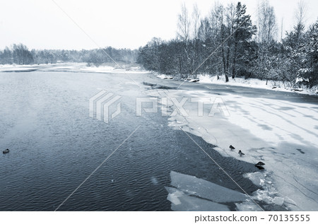 Winter landscape with forest on a frozen river coast Winter landscape with forest on a frozen river coast 70135555