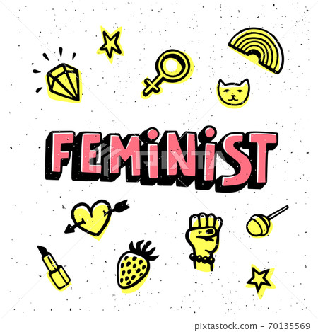 Feminist card. Feminist hand drawn inscription and bright icons for print, brochure, greeting card, bag, clothing. Vector illustration. Feminist card. Feminist hand drawn inscription and bright icons for print, brochure, greeting card, bag, clothing. Vector illustration. 70135569