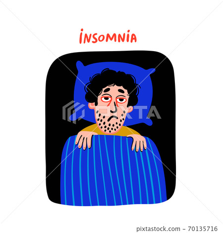 Psychology. Sleep disorder. Man character with insomnia in bed. Sleepless male person with tired sadness face and red eyes. Doodle slyle flat vector illustration. Psychology. Sleep disorder. Man character with insomnia in bed. Sleepless male person with tired sadness face and red eyes. Doodle slyle flat vector illustration. 70135716