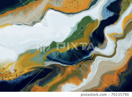 Super duper gorgeous abstract painting. Liquid paint technique background. Marble effect painting. Background for wallpapers, posters, cards, invitations, websites. Mixed blue, orange and white. 70135790