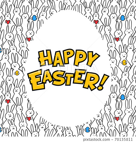 Happy Easter greeting card. Egg with happy easter iscription on bunny pattern bakground. Vector illustration. 70135811