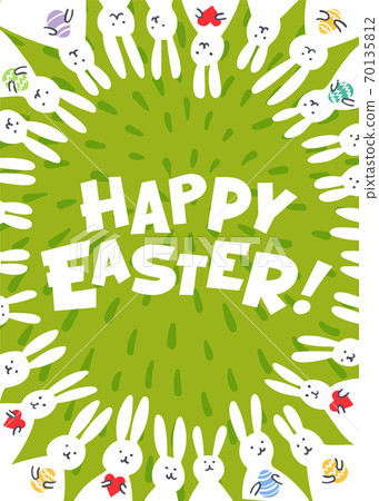 Easter greeting card. Happy easter inscription and cute white bunnies on green background. Vector illustration. 70135812