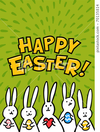 Easter greeting card. Happy easter inscription and cute white bunnies on green background. Vector illustration. Easter greeting card. Happy easter inscription and cute white bunnies on green background. Vector illustration. 70135814