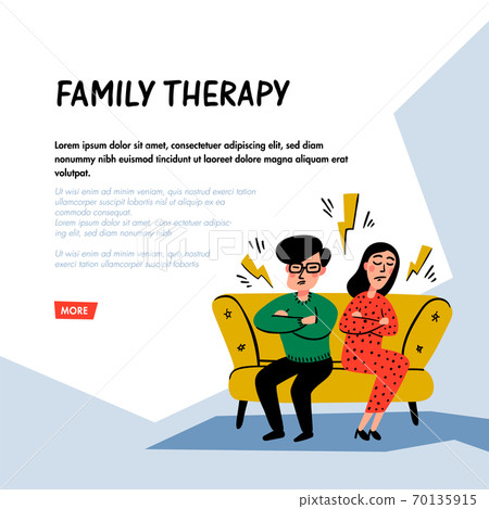 Psychology. Family therapy. Unhappy family couple characters on psychotherapist session. Doodle style flat vector illustration. 70135915