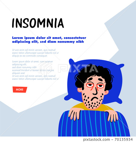 Psychology. Sleep disorder. Man character with insomnia in bed. Sleepless male person with tired sadness face and red eyes. Doodle slyle flat vector illustration. 70135934