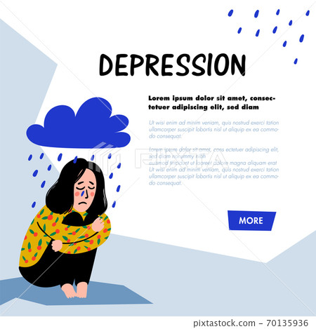 Psychology. Depression. Sad, unhappy girl, sitting under rain cloud. Young woman in depression hugging her knees and crying. Doodle style flat vector illustration 70135936