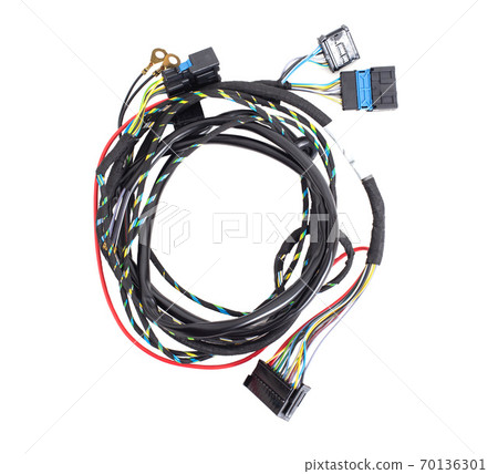 Car wiring with adapters and connectors on a white background, isolate, electrical contacts 70136301