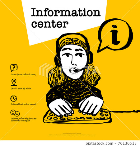 Information center concept. Call center, customer support, helpdesk or info service concept. Web banner with female character with a headset on yellow background. Doodle ink style vector illustration. 70136515