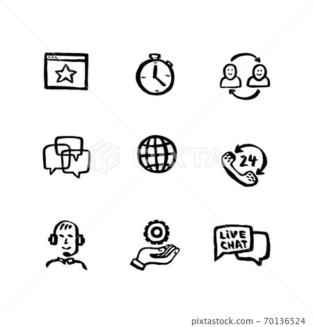 Naive style icon set. Online support. Customer service chat. Doodle ink style Set of Help and Support Related Vector hand drawn line icons 70136524
